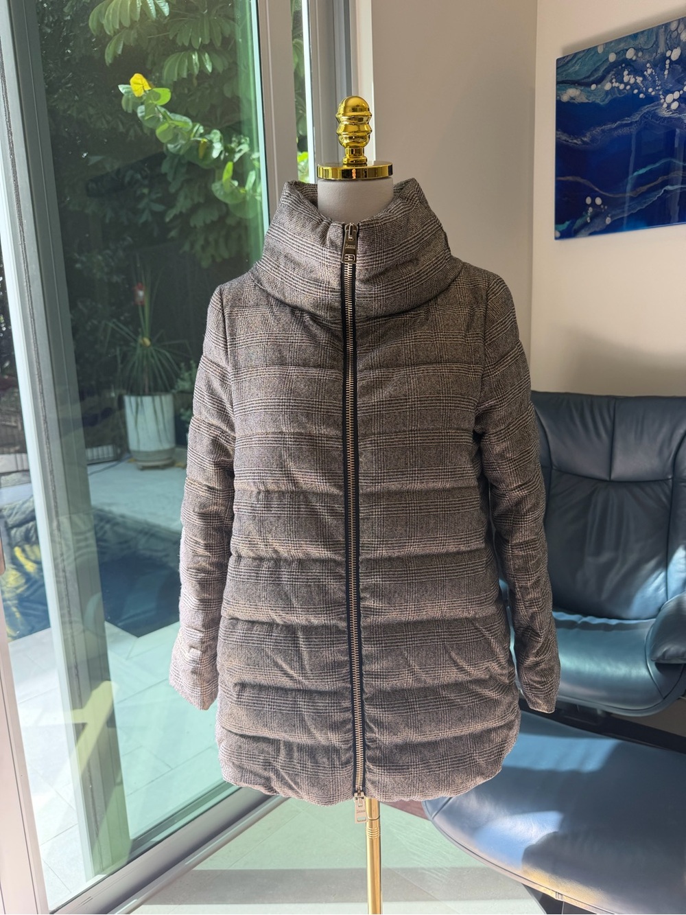Herno  Rare Women's Plaid Quilted Puffer Jacket in Gray and Brown